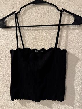 Zara Black Ribbed Lettuce-Edge Spaghetti-Strap Cami